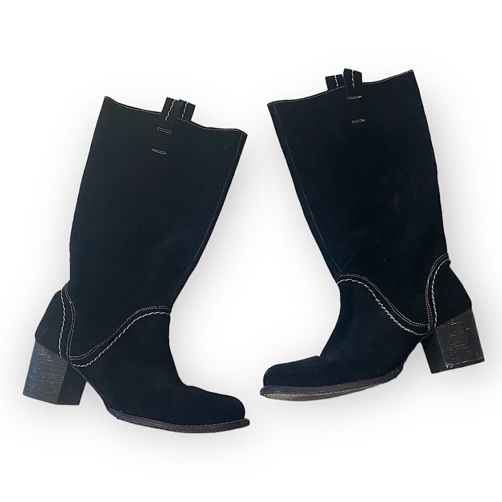 Bed Stu Black Suede Mid Calf Boots, chunky heel, Size 6